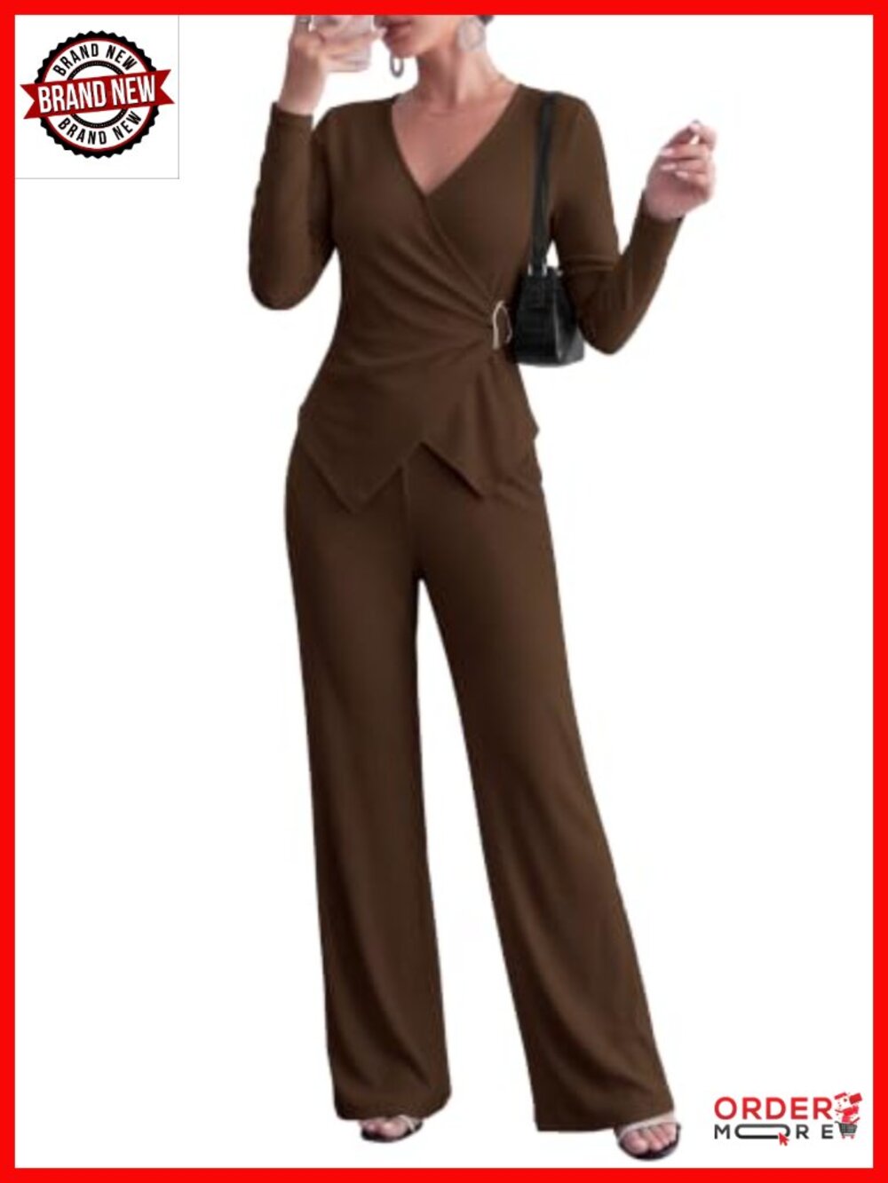 Women 2 Piece Lounge Set Ribbed Knit Wrap V-Neck Top Wide Leg Pants